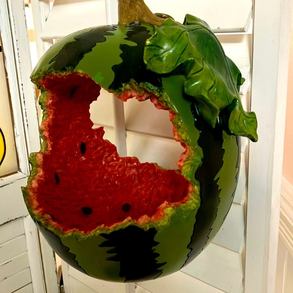 Watermelon Themed Hanging Bird Feeder/Planter of Glazed Heavy Resin - Picture 2 of 12